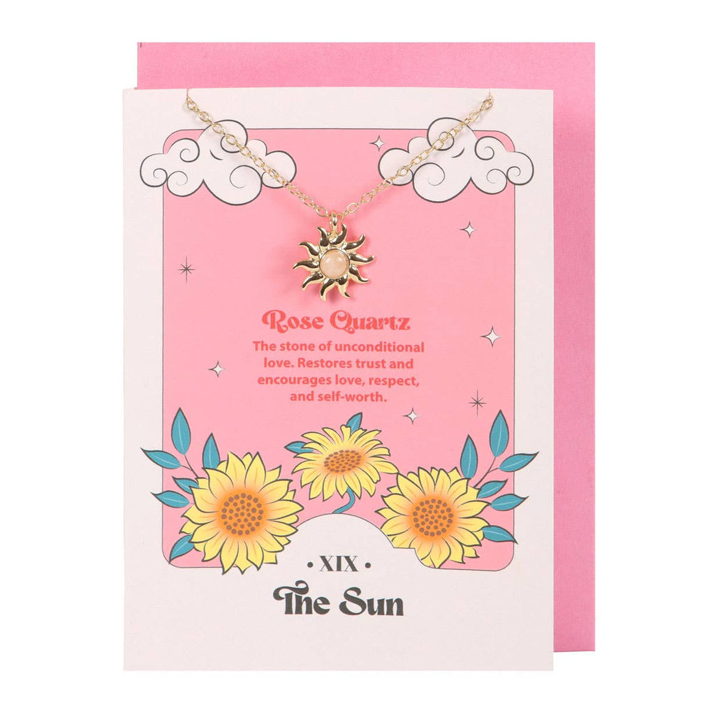Biglietto di auguri con collana in quarzo rosa celeste The Sun
