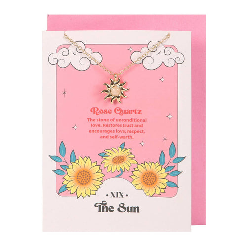 Biglietto di auguri con collana in quarzo rosa celeste The Sun